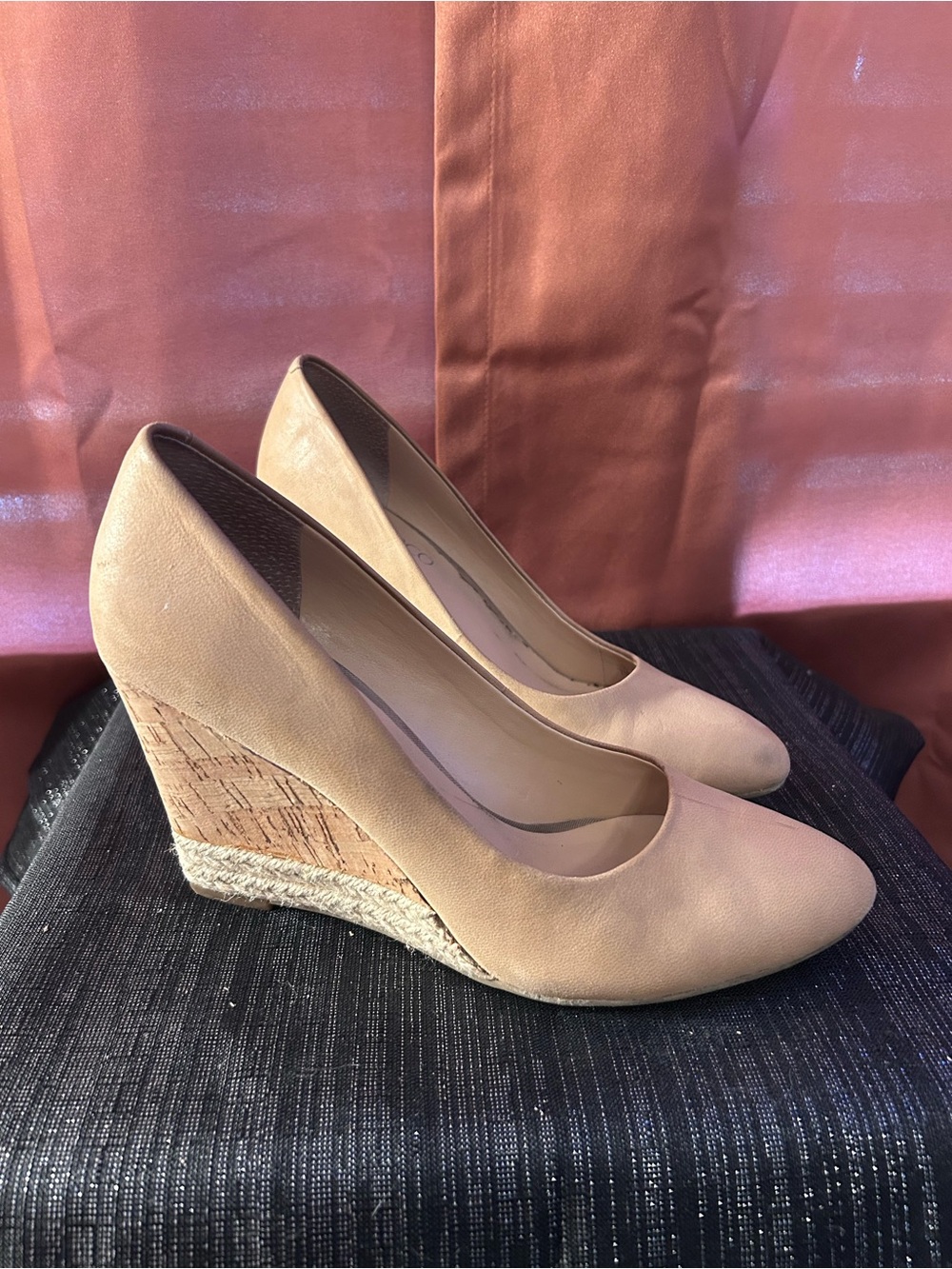 Franco Sarto (Nordstrom) Beige Round-Toe Cork Wedge Pumps